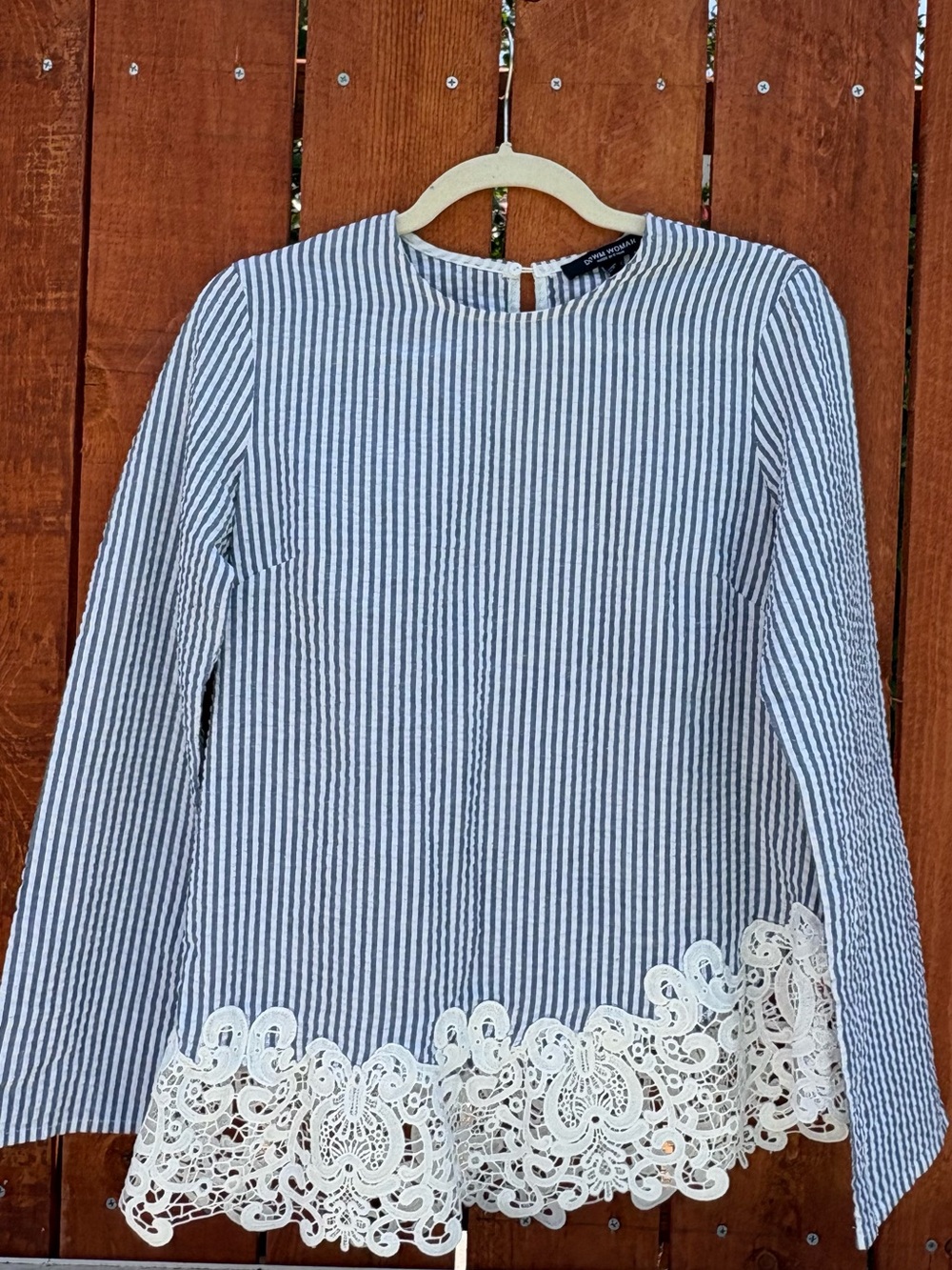 Striped Long-Sleeve Top with Lace Hem - White & Navy